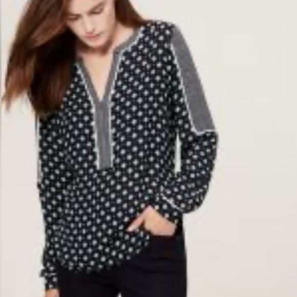 LOFT Mixed Print Popover Top Womens Small Navy Ivory Long Sleeve Peasant Blouse - Picture 3 of 7